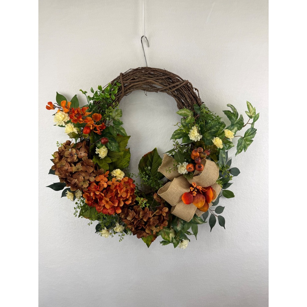 Handmade Fall Grapevine Wreath Orange Hydrangea Burlap Bow Autumn Decor